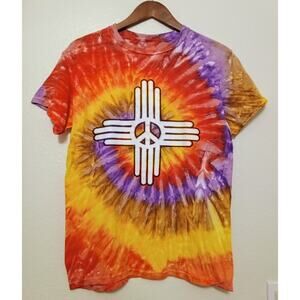 Vintage Y2K Native American Zia Sun Symbol Peace Sign Tie Dye T-Shirt Hippie SZ